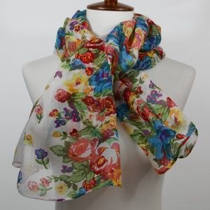 NWOT White Cotton Blend Floral Scarf